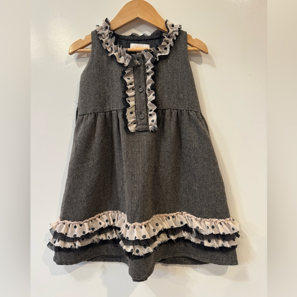Trish Scully Girls 4T‎ Sleeveless Ruffle Dress Gray Herringbone Polka Dot Luxury